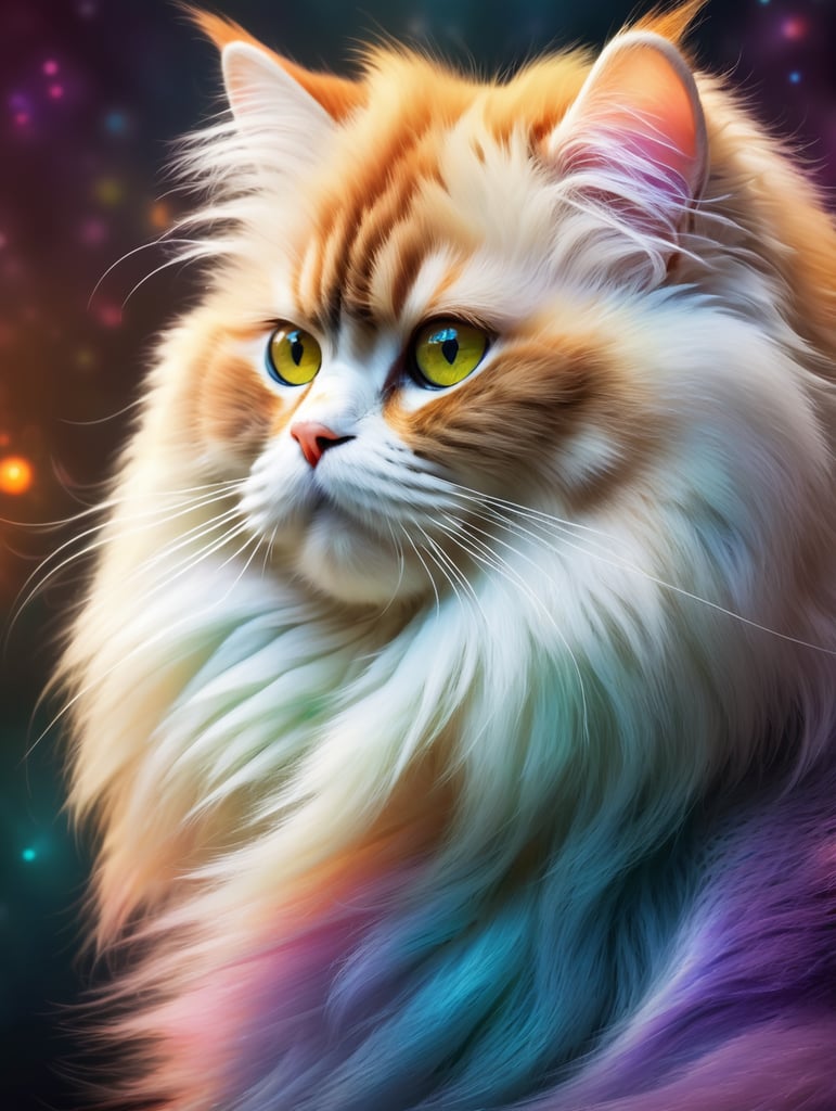 Fractal style. Colorful Persian cat with a fluffy tail. Intricate details, highly detailed, digital painting, stunning textures, iridescent and luminescent scale, breathtaking beauty, iridescent and luminescent scale, abstract motifs