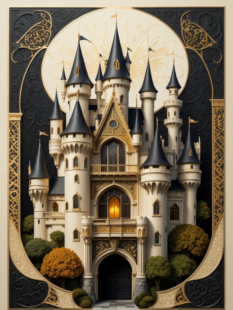 A fairy tale castle architecture in a two-tone gold and black on cream letterpress, with traditional geometric patterns shapes flamboyant frame design, in the style of William Morris