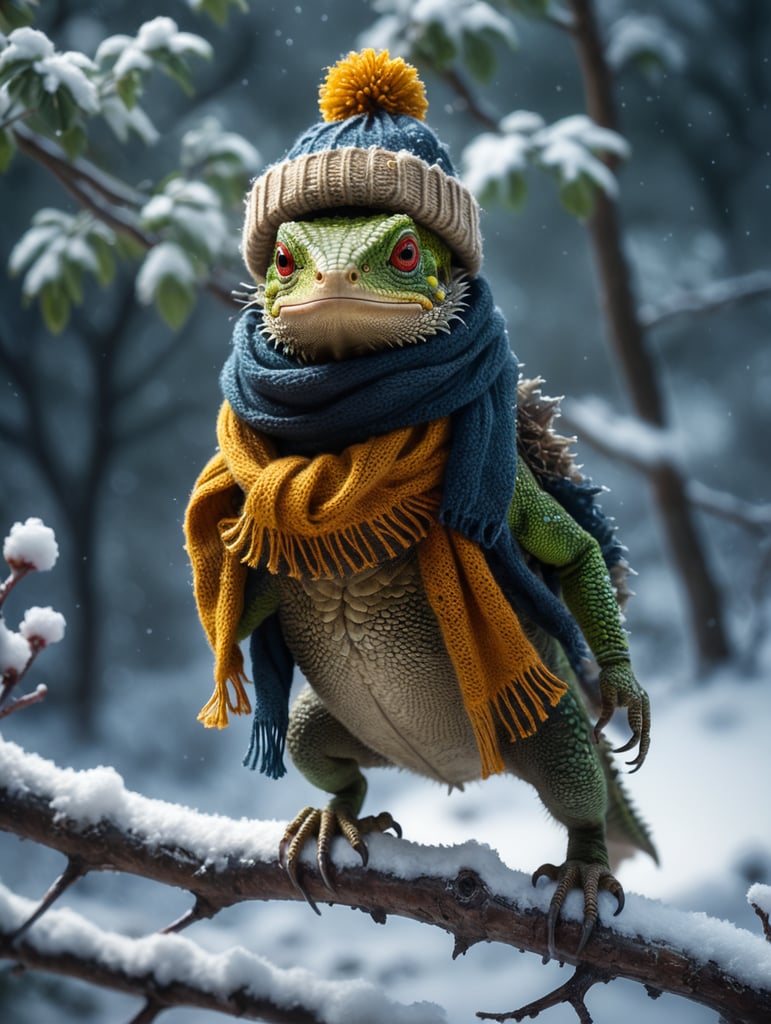 Lizard a snowy branch wearing a woolly hat and scarf