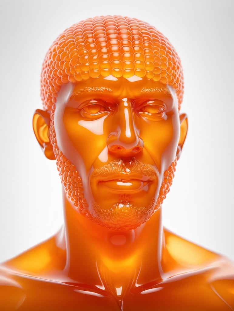 Portrait of a Translucent orange man made from the orange fruit, organs are visible through the jelly, isolated black background