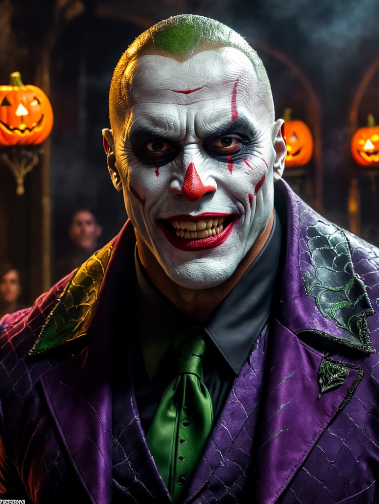 Dwayne Johnson wearing spooky Halloween costume in joker makeup ,Sinister, Vivid saturated colors, Contrast color