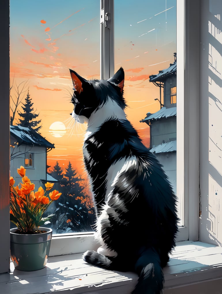 Back view of a black and white kitten sitting on a windowsill looking at a wintery garden