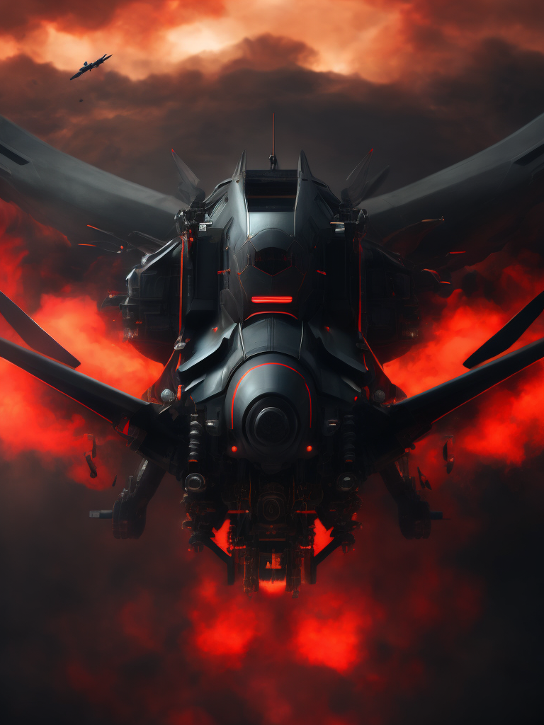 Black cyber military drone, background red smoke