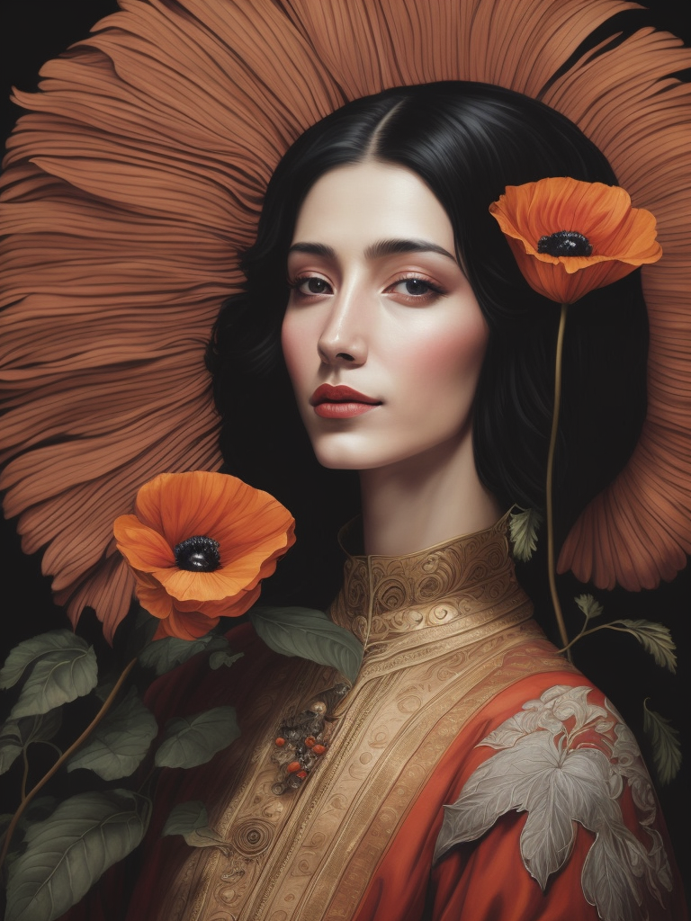 Giuseppe Scuderi, ultrafine detailed painting of a woman with an opium poppy flower in hir hair, whimsical, detailed painting