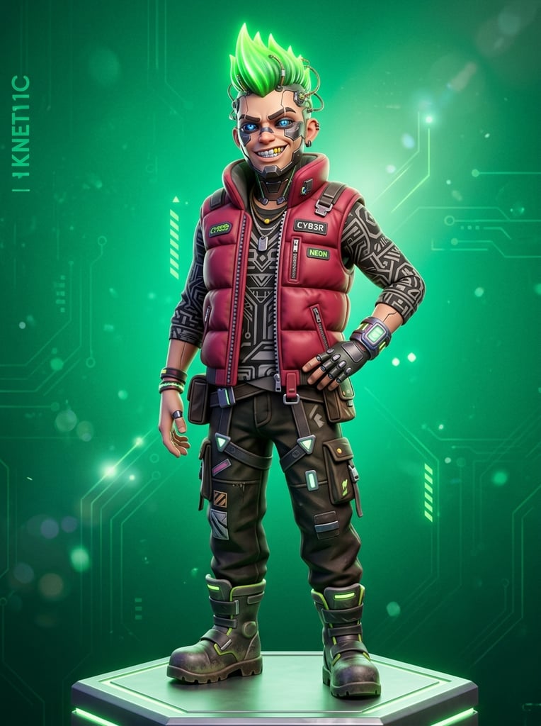 A stylized 3D cartoon figure with neon green spiked hair and cybernetic face panels stands against an emerald backdrop. The character sports an exaggerated grin with gold teeth, wearing a crimson puffer vest over a geometric shirt. Smooth digital rendering with soft lighting.