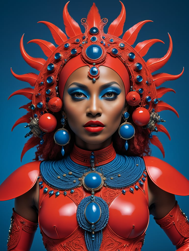 Donyale luna, avant-garde, simplygo, photoshoot spread, dressed in all red, blue background, harpers bizarre, cover, headshot, hyper realistic