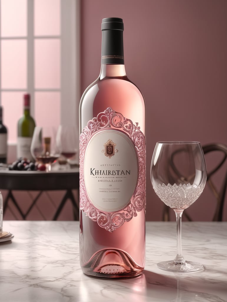 clear wine bottle on light pink background and white table