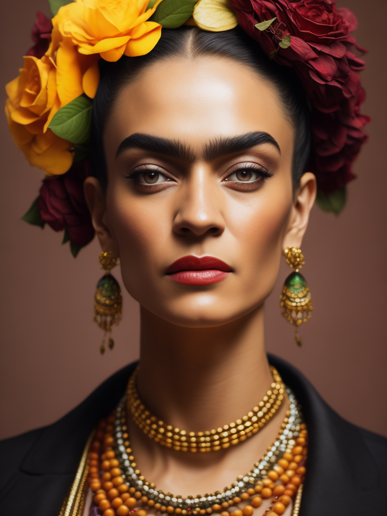 Portrait of Frida Kahlo, bright and saturated colors, elegant, highly detailed, vogue, fashion magazine, sharp focus, bright expressive makeup, dramatic lighting, depth of field, incredibly high detailed, blurred background, Headdress made of fine vegetables and herbs.