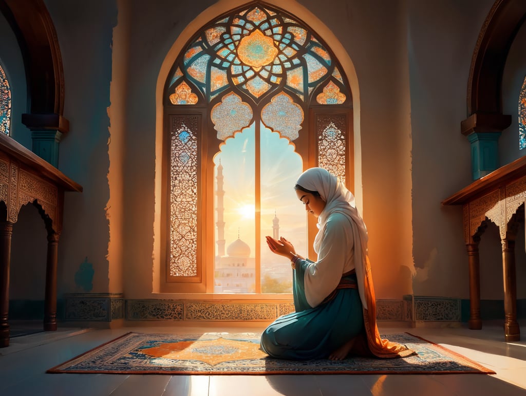 In a softly lit room, a muslim woman kneels in prayer, her face bathed in the warm, golden glow of the setting sun. Before her, an open Quran rests on a prayer rug, and she reaches out to touch the page gently. Her expression is one of serenity and deep contemplation as she embarks on her journey to faith, embracing Islam with an open heart