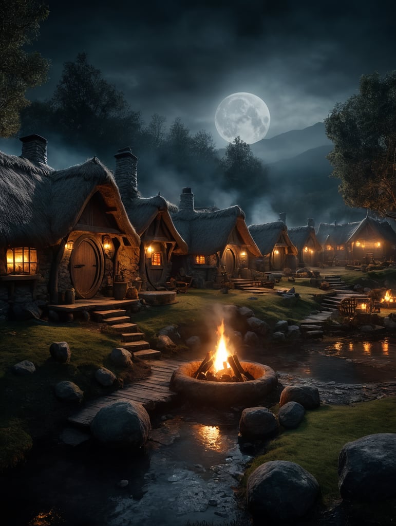 Magic hobbits village at night, bog moon, camp fire, smoke