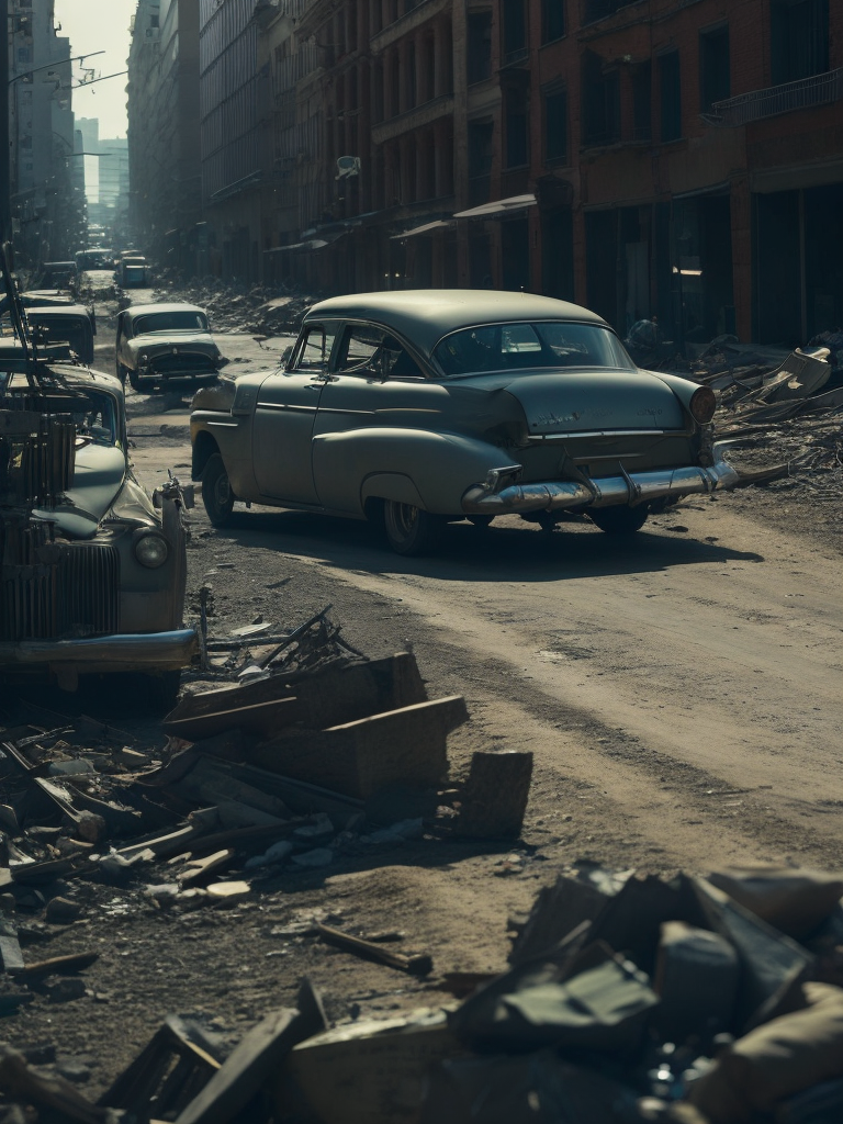 black and white photo of a 1952 Gray Chevrolet goes through bombed city, world war 2