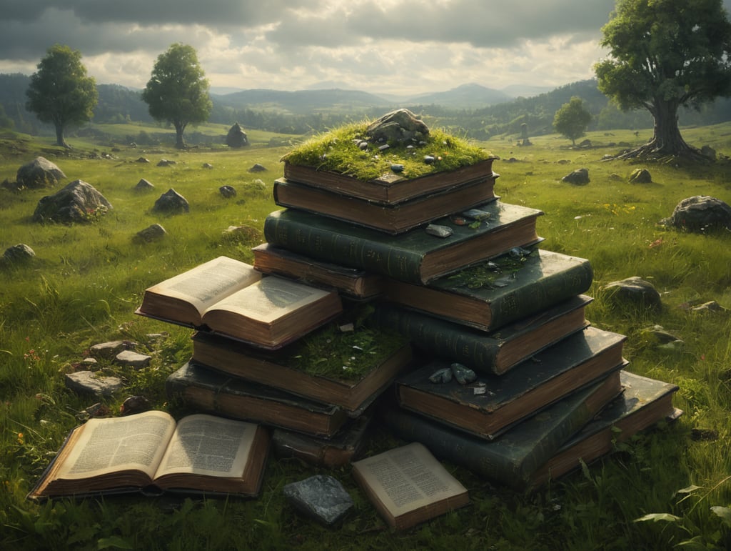 Steine wachsen aus vielen büchern, unordentlich, grüne wiese im hintergrund