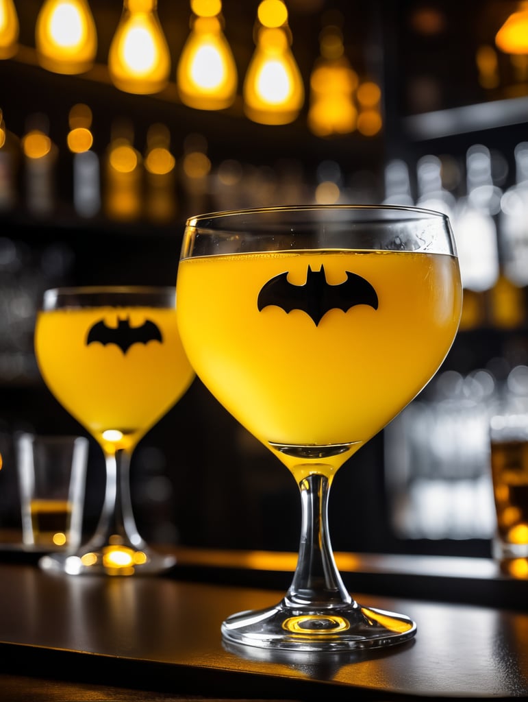 yellow and black like batman Drink Snifter Glass in a darkness bar, cinematic lighting, product shot, 4:3, 4k