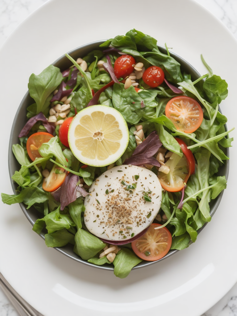 plate with salad, top view, on white tablecloth, sharp on details