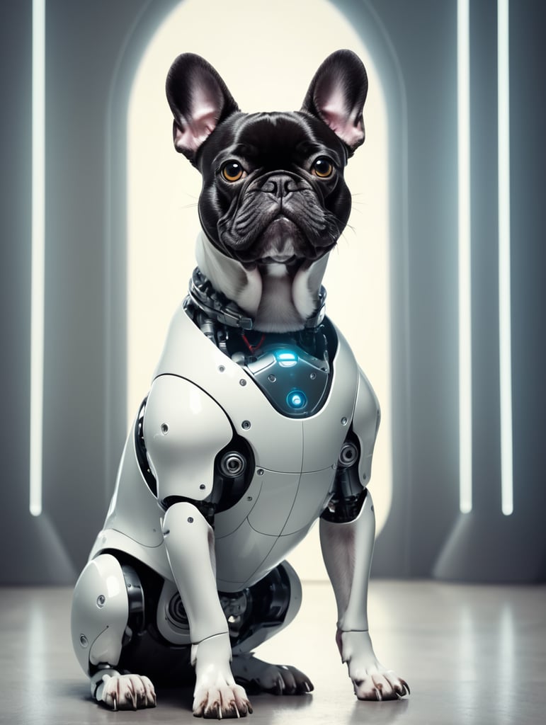 french bulldog sitting down with robot legs with futuristic background