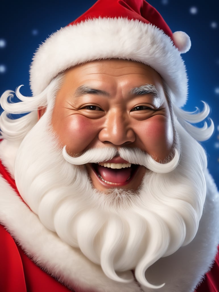 Portrait of a Japanese fat Santa Claus smiling, whimsical facial expression, flowing white beard, jolly caricature, saturated colors, red outfit, sharp focus, portrait photography, depth of field, dramatic candlelit lighting, incredibly high detailed, blue background, blurred background,