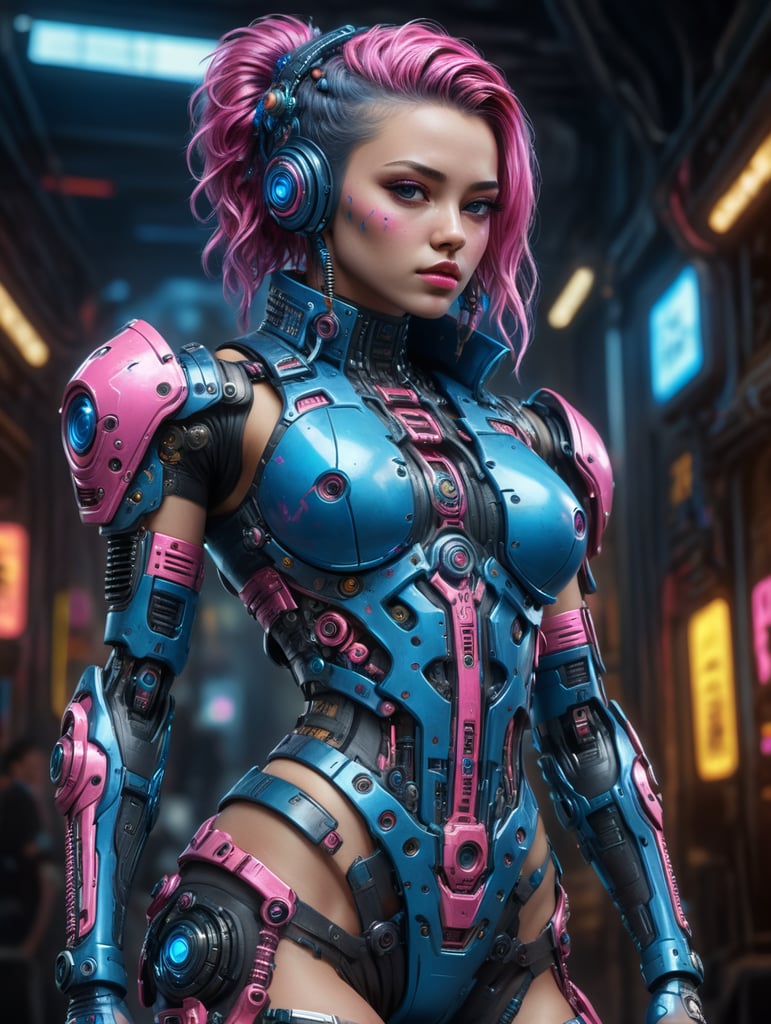 Beautiful girl cyber punk, pink and blue full body