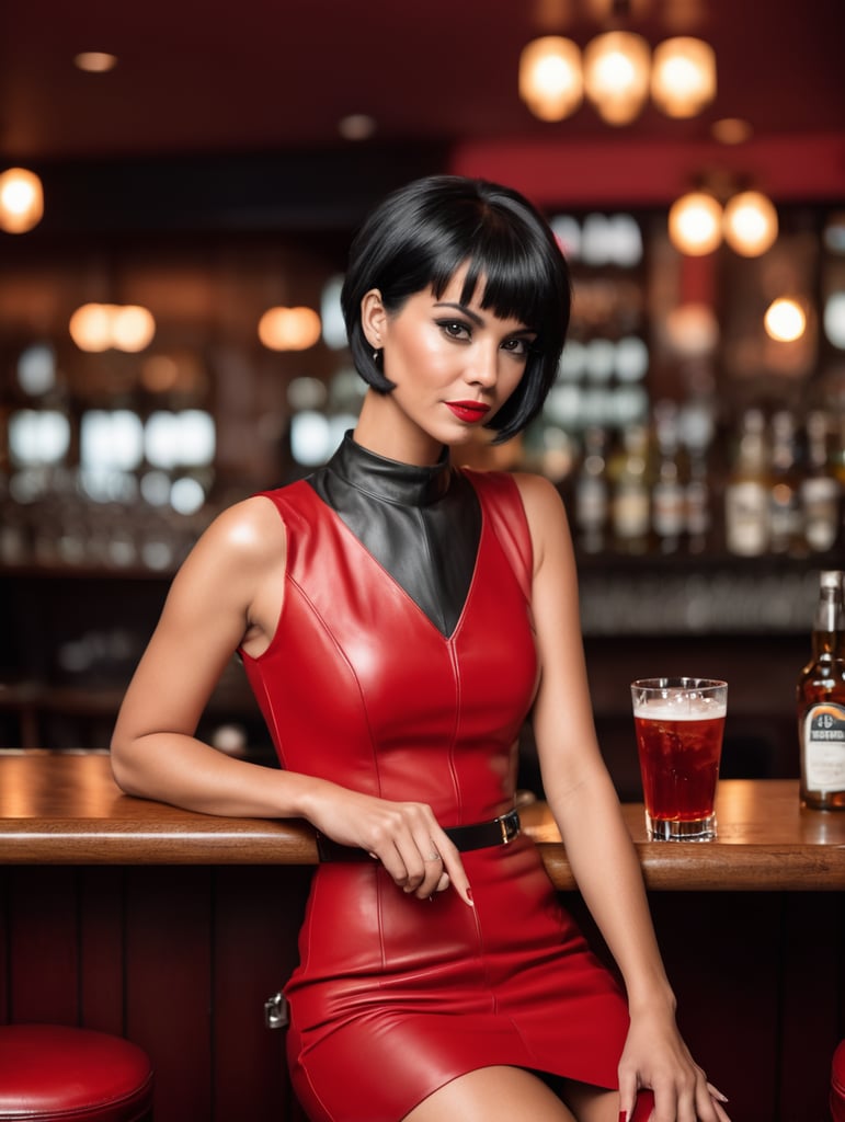 Donna con capelli neri corti e vestito corto in pelle rossa che beve un drink in un pub seduta al bancone