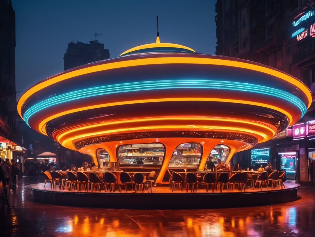 futuristic ufo cafe, mars, wasp shape, an night, neon, glass