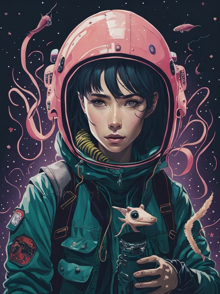 Photo of an explorer with an axolotl as a pet inside space with a psychedelic backgroun, style by Laurie Greasley, Studio Ghibli, Akira Toriyama, James Gilleard, Genshin Impact, Trending Pixiv Fanbox, Acrylic Palette Knife, 4K, vibrant colors, DevinArt, trending on ArtStation, High Detail