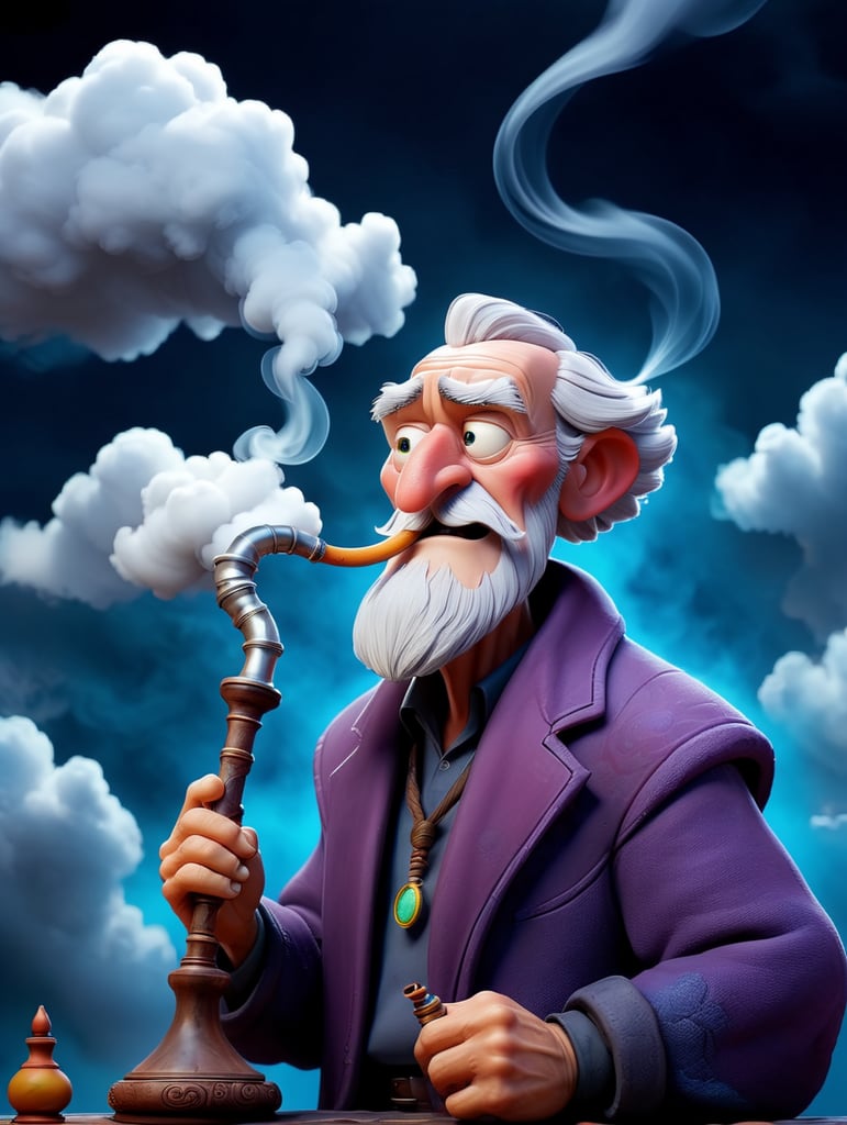 old wizard smoking a large hookah pipe with a huge cloud of smoke above him
