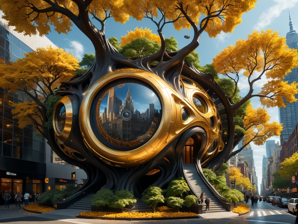 dream prompt: the craziest wide viewing angle and large view lens architectural modern style hyper realistic hyper detailed neocosmic exterior architecture design of a tree shape Fluid complex, gold geometric leaves spectrum, wood::1 white::3, Santiago Calatrava and Aaron Horkey architecture art styles, in new york city, soft ambient, night light, cinematic photo, natural lighting, camera nikon, 8k, --s1000 --style raw, you can imagine