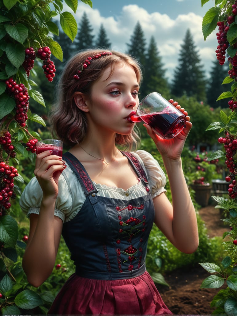 A full-length photograph of a girl drinking cranberry juice in a berry garden.