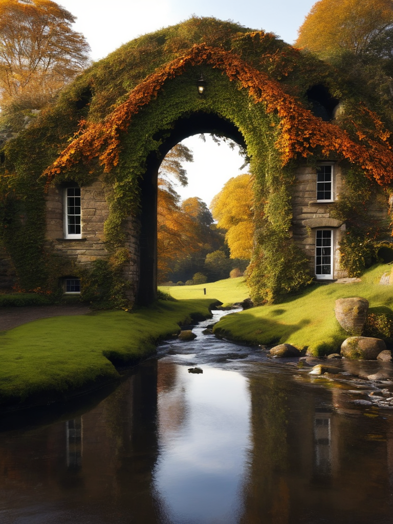 cinematic masterpiece, giant massive moss covered irish stone fantasy cottage built on top of huge archway spanning across a river shamrock, autumnal ivy gradient