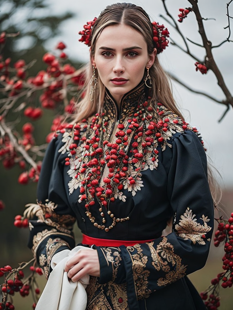 Portrait of a Beautiful women from Russian fairytale wearing traditional costume around bunches of rowan