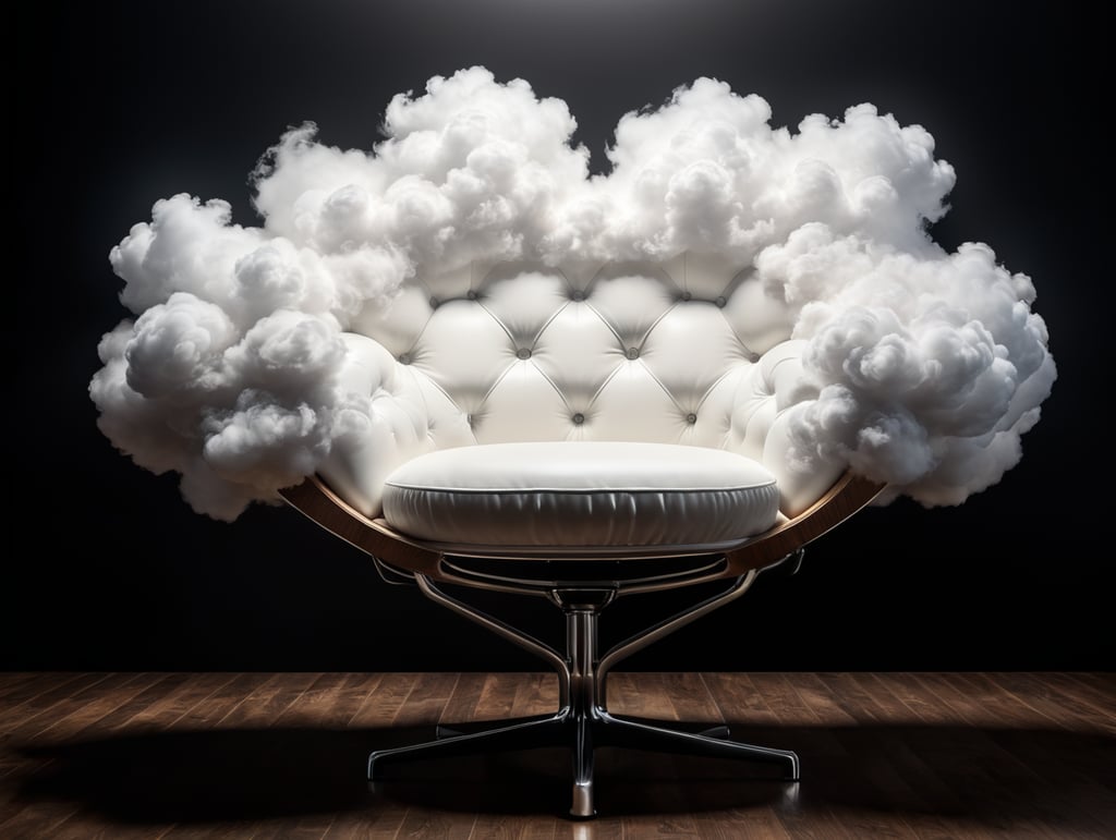 a beautiful modern chair on form of white cloud, studio shot, black background, studio light, hyper realistic, hyper detailed