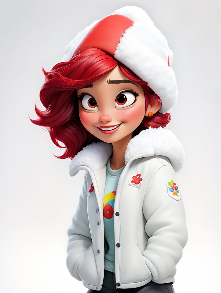 a happy young women with colored hair and red hat on his head is wearing a white fluffy jacket, isolated, white background
