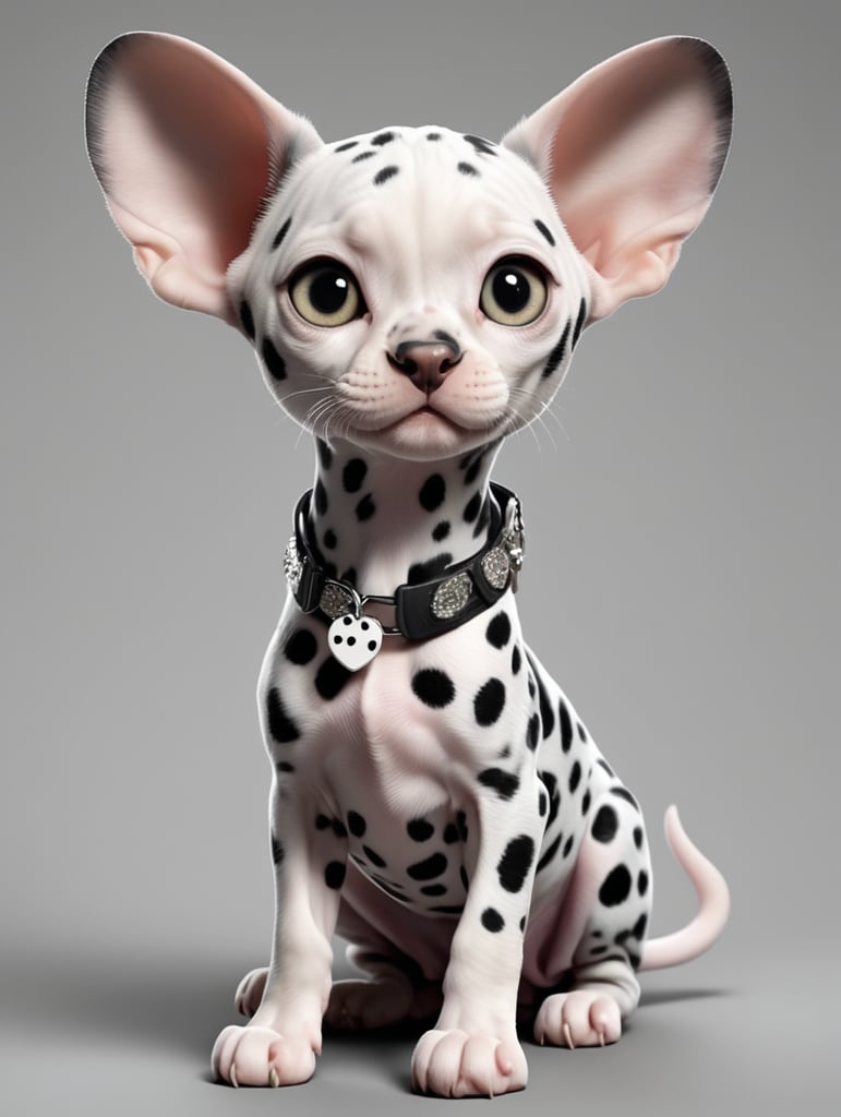 cute, hybrid Sphynx x dalmatian, full view, chibi style, disney style, cartoon style, pixar style, gray background, spotted