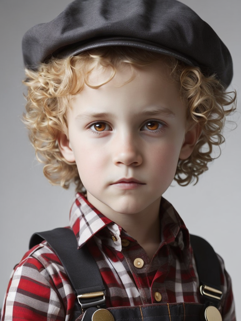 Young boy wearing a newsboys flat cap, curly blonde hair, deep amber eyes, overalls, red and white plaid button up shirt, hyper realistic, photorealism,