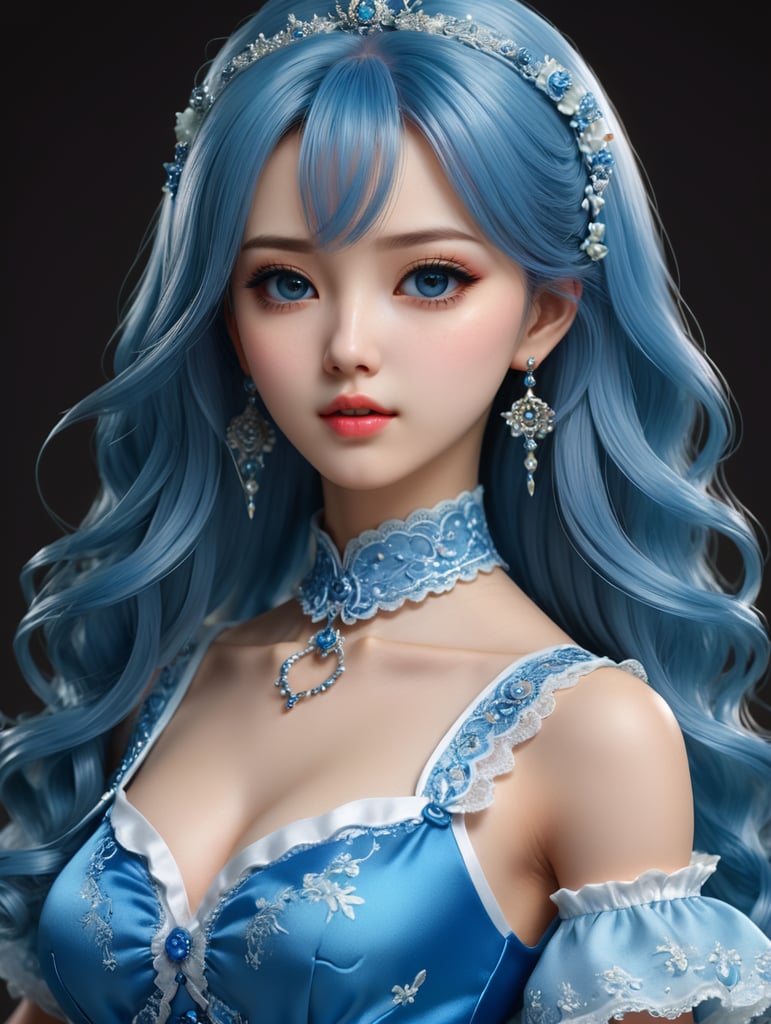 a woman in a blue dress posing for a picture, artdoll, anime barbie doll, ulzzang, korean idol, by Lü Ji, realistic cute girl painting, anime girl in real life, beautiful pale makeup, photorealistic anime girl render, white beautiful hair, ”beautiful anime woman, doll, korean girl, beautiful south korean woman, pale, female anime character