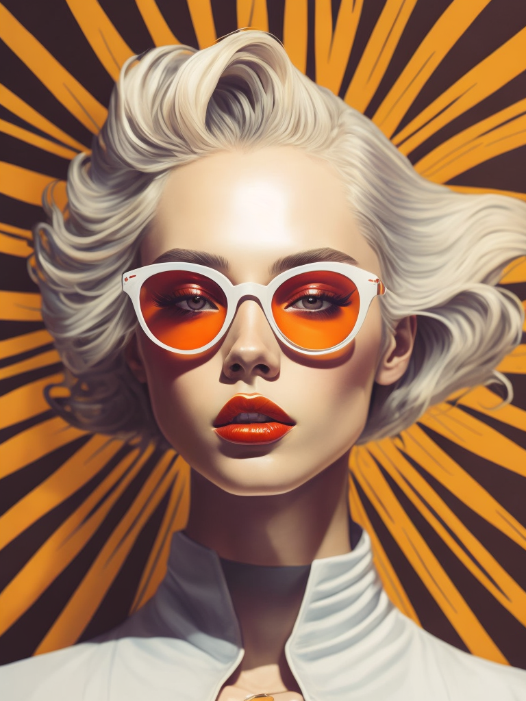 Pale-skinned girl model, wearing a high-necked dress, contrast lighting, white sunglasses with red-orange lenses, red lips, blonde hair in a bob style, dark background with orange-red rays, fashion model, magazine cover, professional shot,