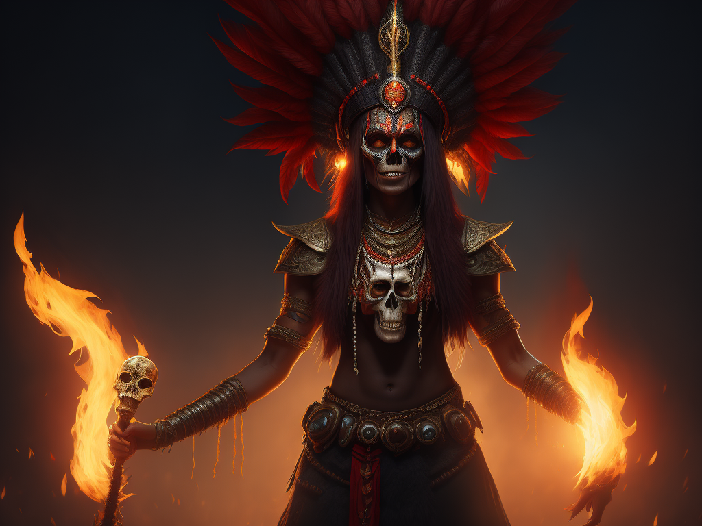 full-length portrait of a witch doctor wearing a feather headdress, holding a glowing skull floating in hand, red face warpaint, ghostly, native symbols, fantasy concept art, highly detailed