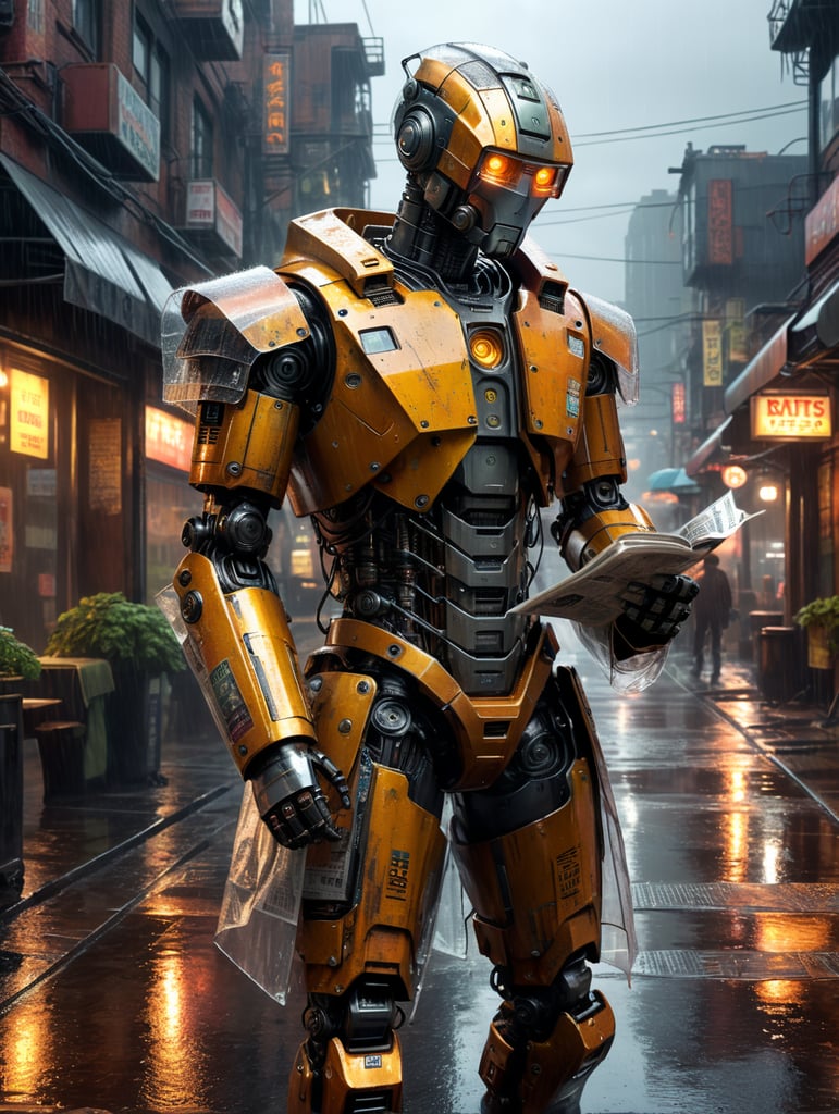 A robot wearing a transparent raincoat, standing outside in the rain and reading a newspaper, rusty and worn out, on a dystopian cyberpunk street, photorealistic urban punk, dark atmosphere with bright accents, contrast lighting