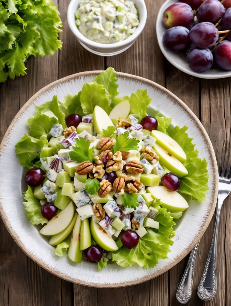 Waldorf Salad, small plate on a wooden table, Description: A delightful mix of crisp apples, celery, grapes, and walnuts in a mayonnaise-based dressing, often served on a bed of lettuce.