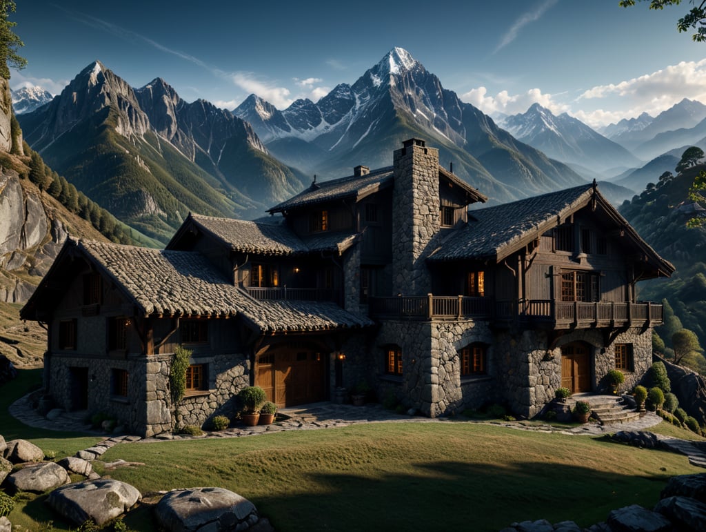mountain house built of stone, with large windows, mountains in the background