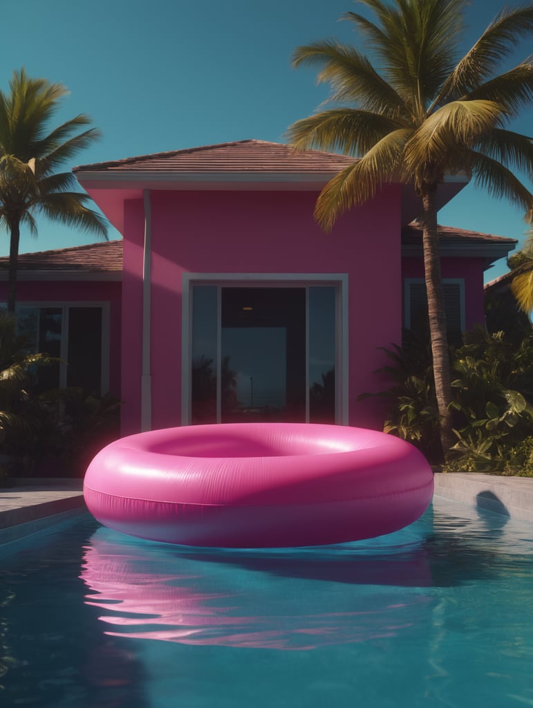 hyper realistic pINK motorola pager as plastic pool float with sunlight shining through, neon palette, miami beach, unreal engine, octane render, cinematic lighting, highly detailed miami beach, y2k, bright colors, hyperrealistic, low angle, 16k, 8K UHD, 8K texture, cinematic, rim lighting, neon palette, color theory, dramatic, volumetric lighting, 35 mm, in focus, unreal engine, highly detailed, octane render, ultra high resolution