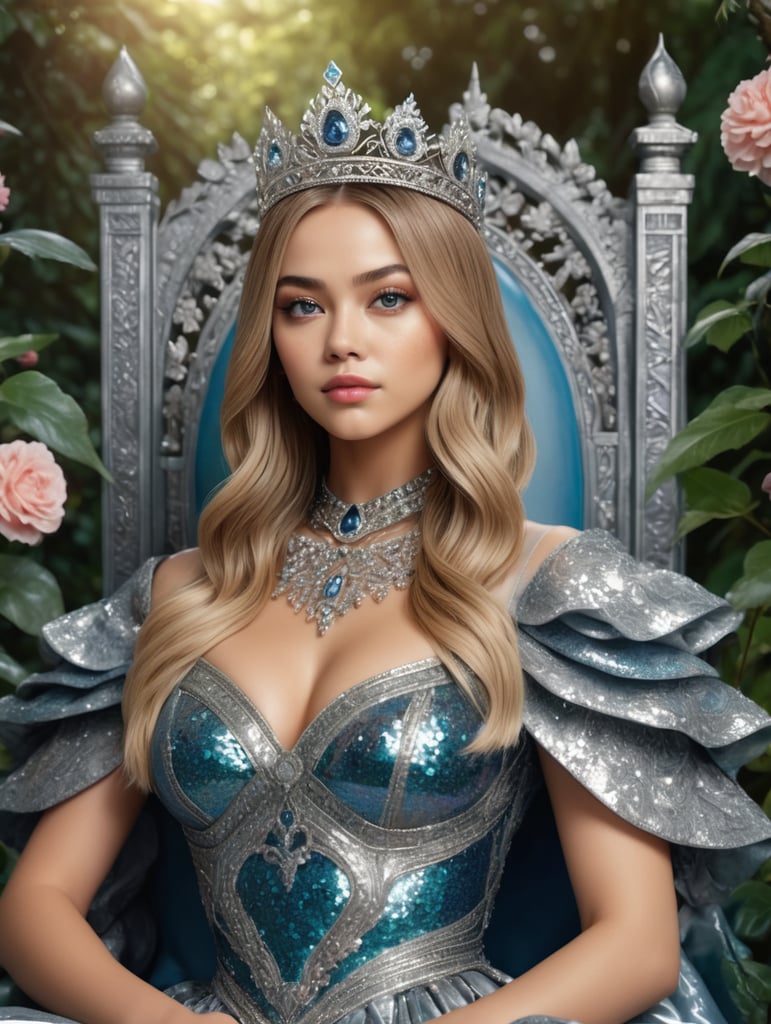 Photograph of a beautiful female queen looking like Lalisa Manoban sitting on a throne in a corner of a rose garden in a cool rainforest, detail of her beautiful plump face with perfect makeup, wearing a gorgeous holographic sequin dress with floral patterns, straight dark blonde hair with ombré, wearing a crown, body detail perfectly proportioned, perfect lighting, perfect anatomy, photorealism, hyper-detailing, hyper-realism, masterpiece, HD 8K resolution and blue gray eye color