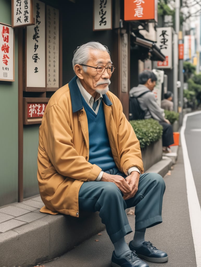 An old man sitting on the curb in tokyo, illustration by Hergé, perfect coloring, 8k