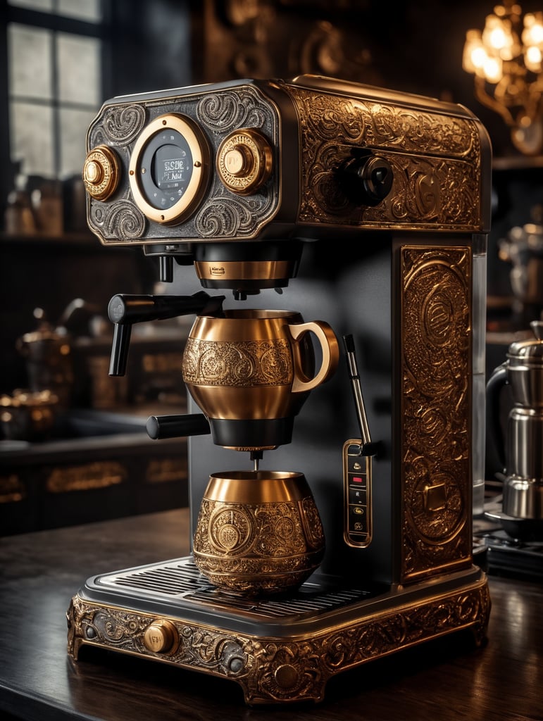 coffee maker made in steampunk style, decorated with gold, carved white plastic, ivory color, deep engraving