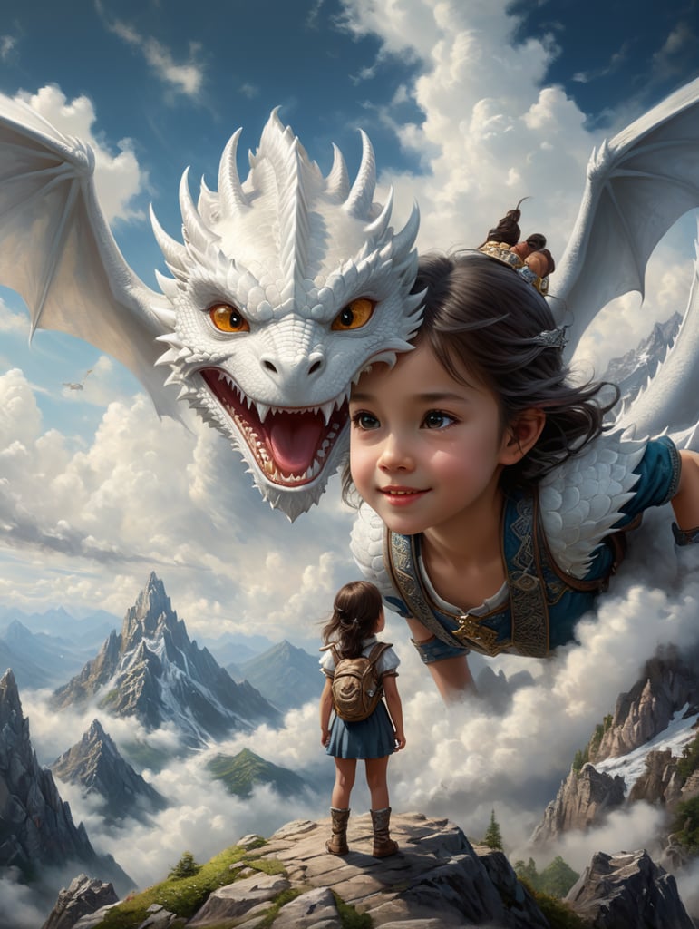 little young girl looking up at the mountain rear view camera angle, a very far distance a friendly smiling white dragon flying in the white cloudy sky, fantasy, realistic