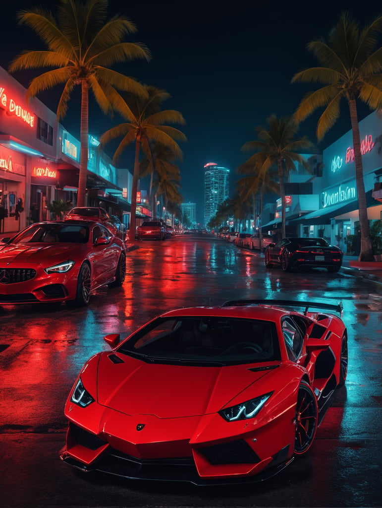 one red solo cup, street, Miami downtown, nighttime, neon lights, exotic cars parked