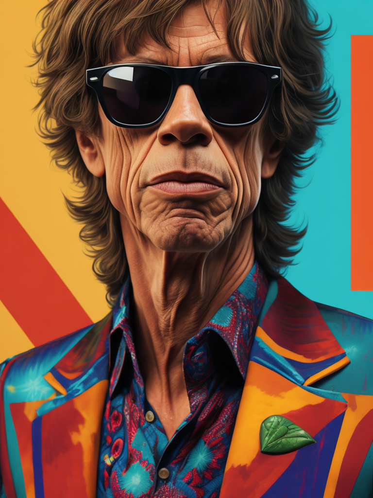 Mick Jagger wearing a brightly patterned jacket and wayfarer glasses, Vivid saturated colors, Contrast color