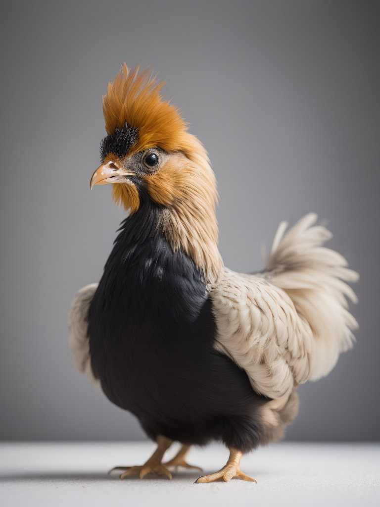 silkie bantam ( chicken) feeding on small amount grain. white background