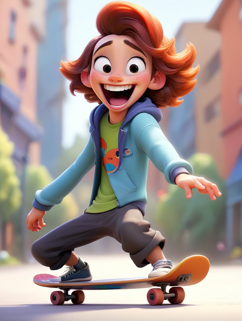 Anime 28 years old skateboarder character Rolling and laughing