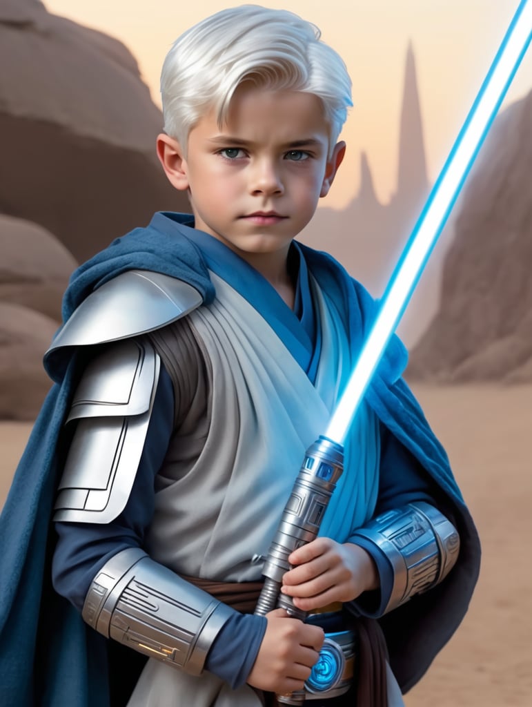Star wars young Padawan boy with white hair, cybernetic arm, and has a prism colored light saber and blue gray Jedi robes