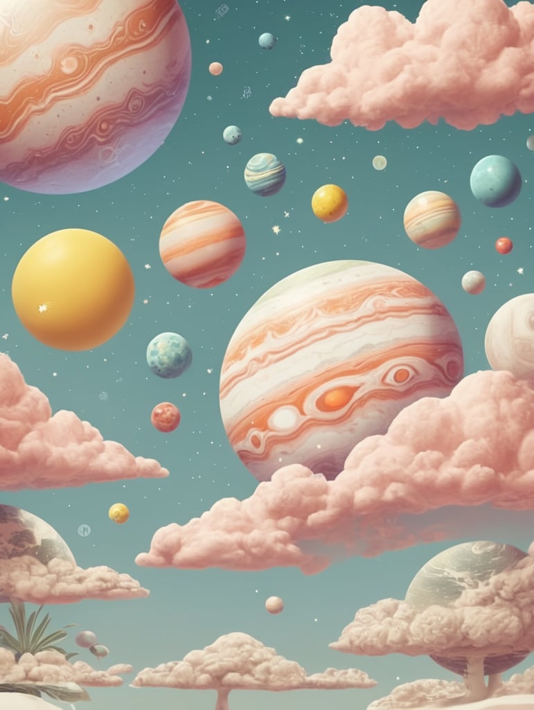 cartoon solar system with peppermint planets and lemon drop moons